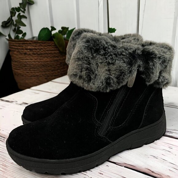 Khombu Black‎ Suede Leather Faux Fur Winter Ankle Boots Size 6 - Picture 1 of 6